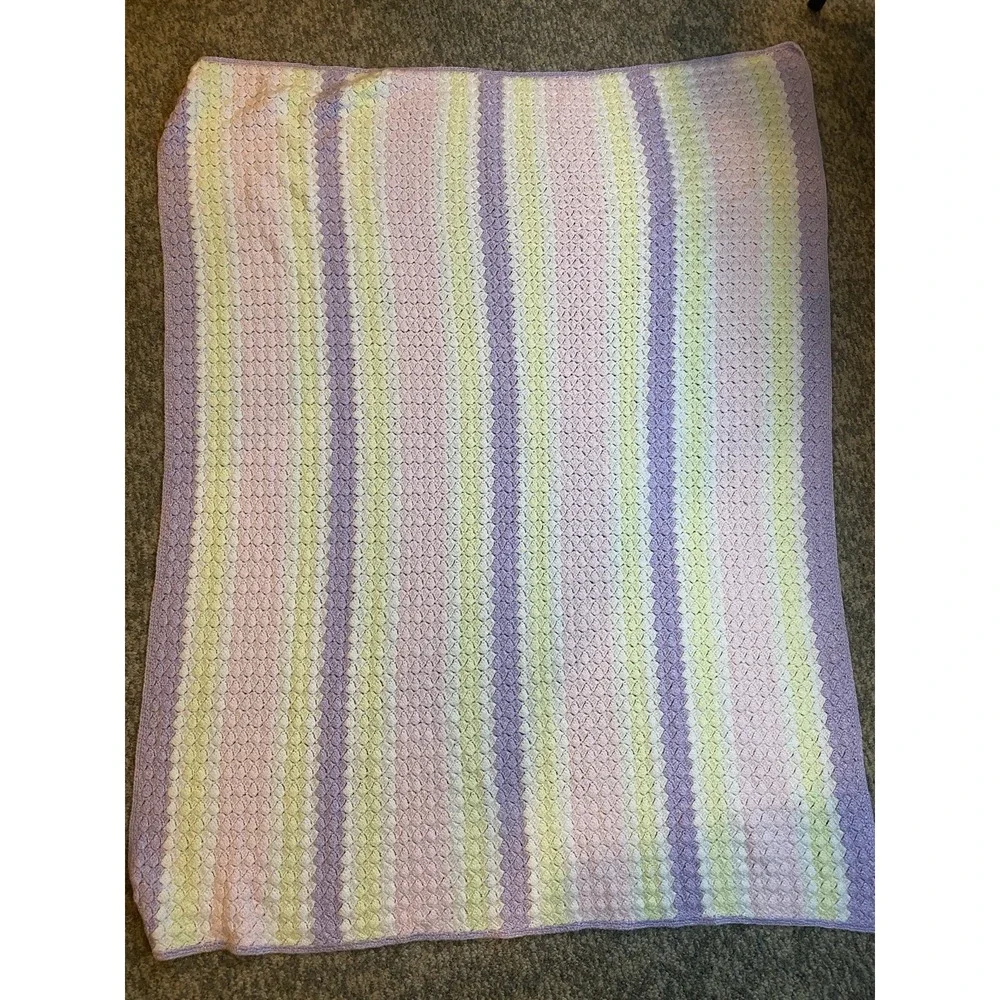 Handmade‎ Knit Pink Purple Yellow Blanket 55